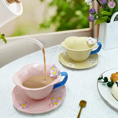 Ins Style Ceramic Petal Coffee Cup With Saucer Relief 3D Flower Hand Painted Girly Porcelain Mug Afternoon Tea Water Cup For Home Office Women