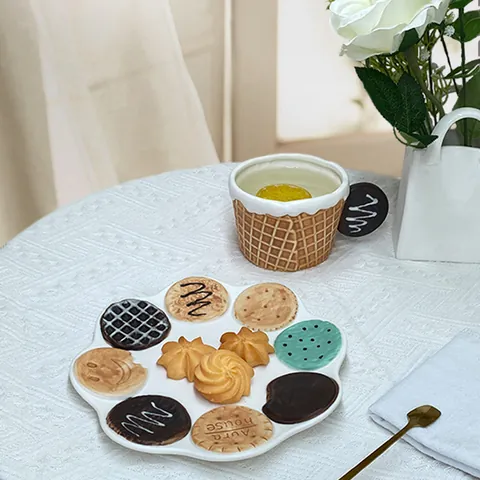 Creative Ceramic Biscuit Waffle Themed Mug And Dessert Plate Set Cute Afternoon Tea Coffee Cup With Pretzel Handle Gift