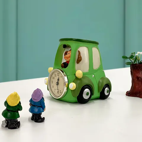 Creative Cartoon Resin Pen Holder With Decorative Clock Desktop Organizer Monkey Car Bear Heart Shape Storage Box Gift