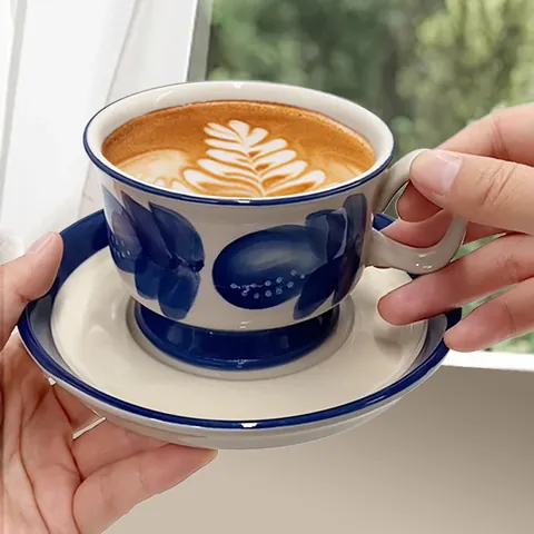 Vintage Nordic Style Ceramic Coffee Cup And Saucer Set Hand-painted Underglaze Botanical Flower Afternoon Tea Mug For Home Kitchen