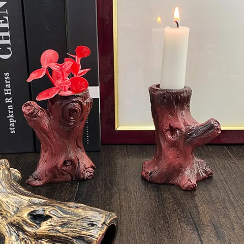 French Retro Natural Resin Tree Stump Candlesticks Vintage European Style Wood Grain Candle Holders For Wedding Party Home Decor