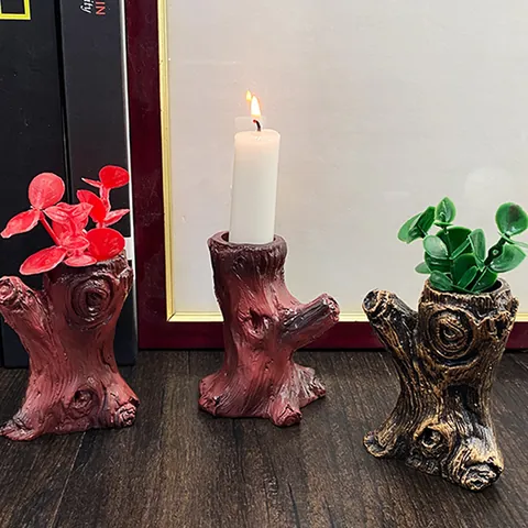 French Retro Natural Resin Tree Stump Candlesticks Vintage European Style Wood Grain Candle Holders For Wedding Party Home Decor