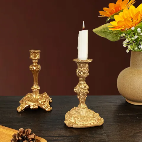 Vintage Baroque Resin Candle Holder Gold Floral Relief Candlestick For Wedding Table Home Decor Photography Props Ornament