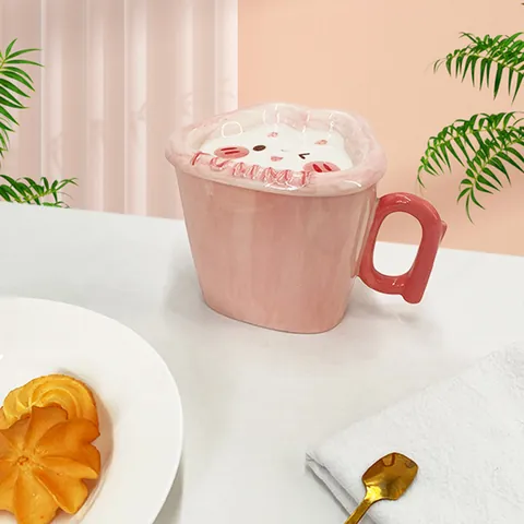 Simpatica Tazza in Ceramica a Forma di Coniglio Rosa Con Coperchio a Rilievo 3D Tazza da Caffè Cartoon per Casa Ufficio Regalo