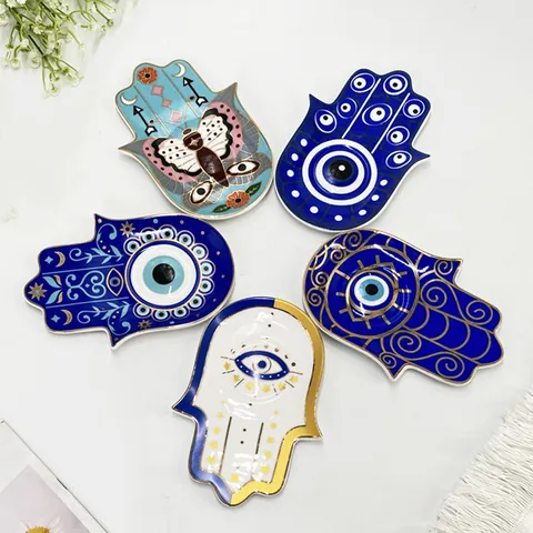 Keramik Hamsa Hand Böser Blick Schmuckschale Boho Schmucktablett Goldrand Ringhalter Platte Für Zuhause Deko Geschenk Damen