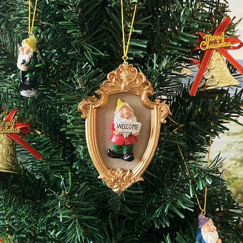 3D Gnome Christmas Tree Hanging Ornament Resin Vintage European Photo Frame Wall Decor Holiday Festive Decoration Gift