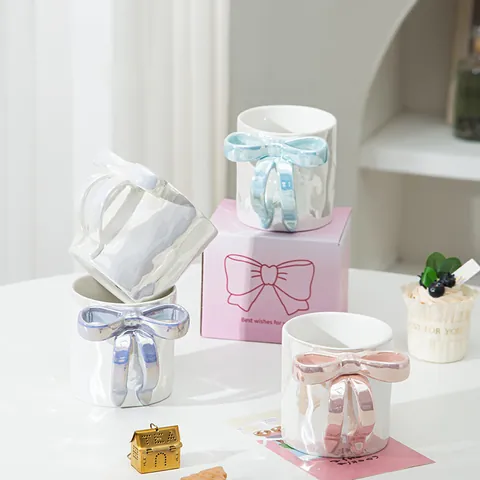 3D Bowknot Handle Ceramic Mug Artificial Pearl Iridescent Glaze Coffee Cup Cute Ins Style Milk Tea Cup Decorative Gift For Women
