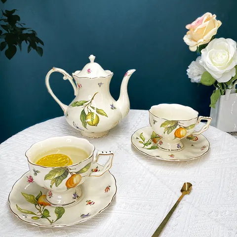 European Retro Ceramic Coffee Cup Teapot Saucer Spoon Lemon Butterfly Floral Pattern Gilded Edge Pastoral Afternoon Tea Tableware Home Decor