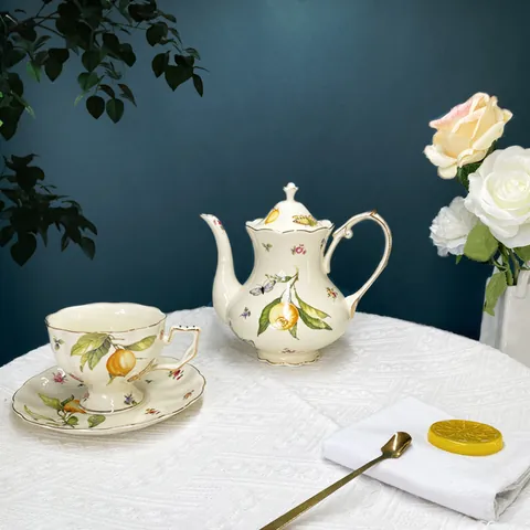 European Retro Ceramic Coffee Cup Teapot Saucer Spoon Lemon Butterfly Floral Pattern Gilded Edge Pastoral Afternoon Tea Tableware Home Decor