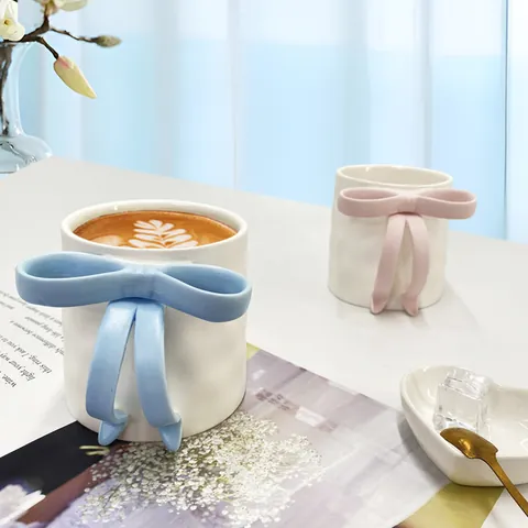 INS Style Ceramic Coffee Mug With 3D Bow Handle Cute Girly Cream White Irregular Handcrafted Tea Milk Cup Home Decor Gift For Women