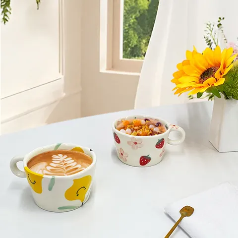 Ins Style Cute Hand Painted Ceramic Mug With Large Handle Strawberry Lemon Tulip Pattern For Coffee Milk Tea Breakfast Cup Women Gift