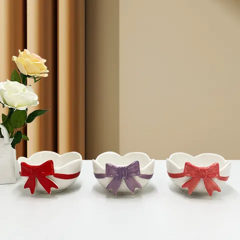 Hand Painted Ceramic Bow Bowl Cute Wavy Edge Dessert Fruit Salad Bowl Microwave Safe Gift For Women Kids Kitchen Tableware