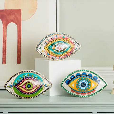 Nordic Ceramic Evil Eye Desktop Ornament Gold Painted Colorful Eye Shaped Paperweight Home Decor Bohemian Style Table Centerpiece Gift