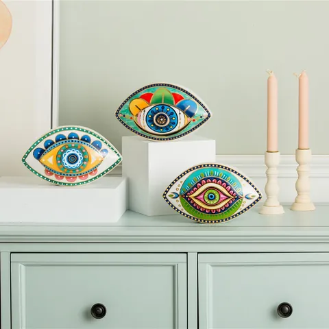 Nordic Ceramic Evil Eye Desktop Ornament Gold Painted Colorful Eye Shaped Paperweight Home Decor Bohemian Style Table Centerpiece Gift