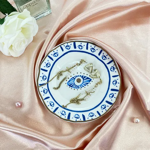 Plato de Joyas de Cerámica Nórdica Patrón Ojo Turco Mano de Fátima Zodiaco Borde Dorado Bandeja Decorativa Decoración Hogar
