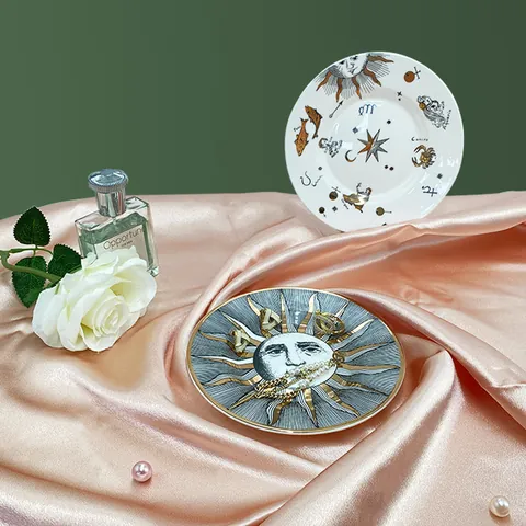 Plato de Joyas de Cerámica Nórdica Patrón Ojo Turco Mano de Fátima Zodiaco Borde Dorado Bandeja Decorativa Decoración Hogar