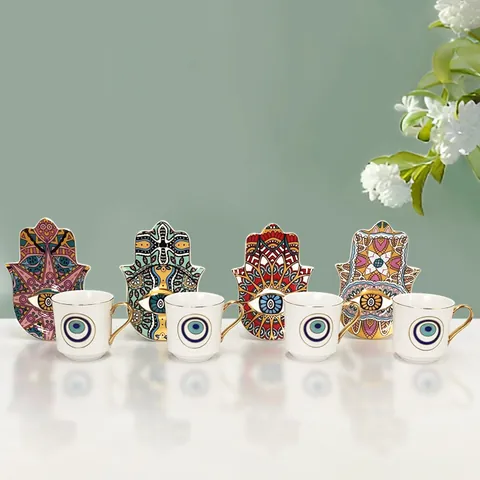 Set Tazzina Da Caffè Turco E Piattino In Ceramica Vassoio Mano Di Fatima Motivo Malocchio Manico Oro Mandala Porcellana Regalo