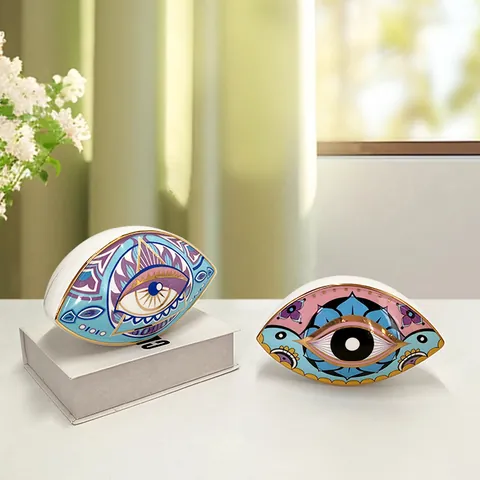 Nordic Gold Rimmed Ceramic Evil Eye Ornament Bohemian Mandala Pattern Decorative Porcelain Figurine Home Office Desk Decor