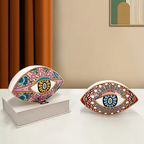 Nordic Gold Rimmed Ceramic Evil Eye Ornament Bohemian Mandala Pattern Decorative Porcelain Figurine Home Office Desk Decor