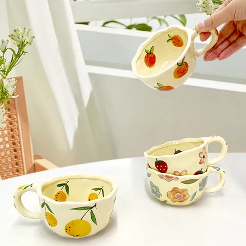 Creative Hand Painted Ceramic Mug Wavy Edge Fruit Floral Breakfast Cup Microwave Safe For Home Office Milk Juice Coffee Cup