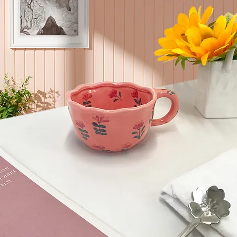 Creative Hand Painted Ceramic Mug Wavy Edge Fruit Floral Breakfast Cup Microwave Safe For Home Office Milk Juice Coffee Cup