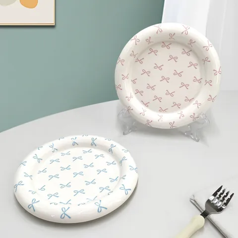 Cute Ceramic Bowknot Plaid Dessert Plate Macaron Color Underglaze Round Dinner Plate For Home Kitchen Afternoon Tea Decor