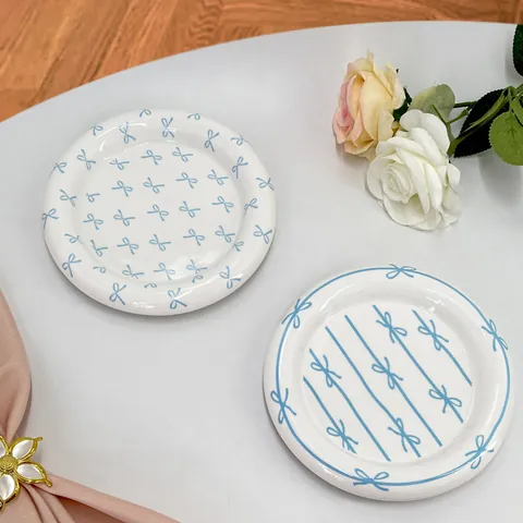 Cute Ceramic Bowknot Plaid Dessert Plate Macaron Color Underglaze Round Dinner Plate For Home Kitchen Afternoon Tea Decor