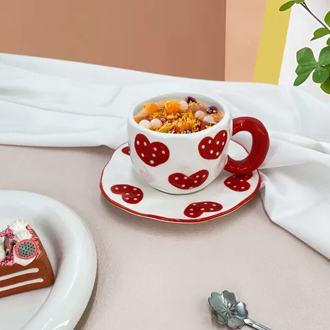 INS Style Hand-Pinched Ceramic Coffee Cup And Saucer Set Heart Cherry Pattern Decorative Porcelain Mug For Home Afternoon Tea Women Gift