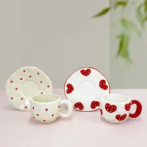 INS Style Hand-Pinched Ceramic Coffee Cup And Saucer Set Heart Cherry Pattern Decorative Porcelain Mug For Home Afternoon Tea Women Gift