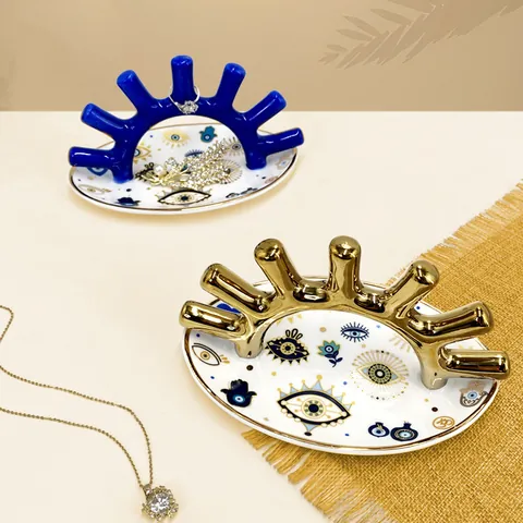 Bandeja de Joyería de Cerámica Ojo Turco Bohemio Portanillos Para Decoración Hogar Entrada Organizador Oro Azul Dorado