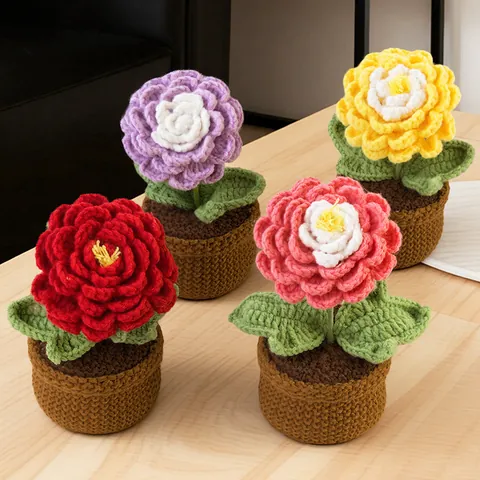 Handmade Crochet Flower Potted Plant Milk Cotton Artificial Ranunculus Sunflower Desktop Ornament Home Office Decor Gift