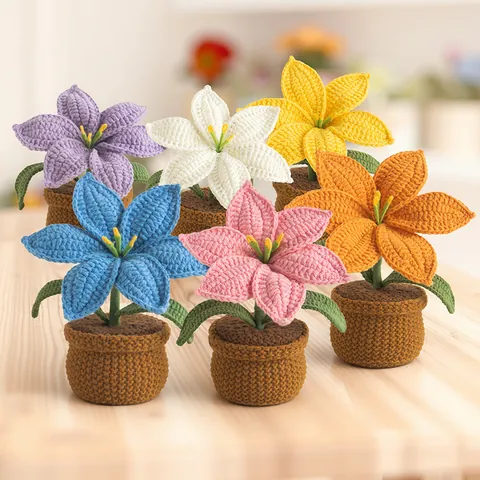 Handmade Crochet Lily Potted Plant Milk Cotton Knitted Flower Decoration For Home Office Desk Floral Gift For Women