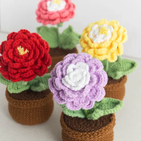 Handmade Crochet Potted Plant Knitted Sunflower Ranunculus Artificial Flower Desktop Ornament Creative Gift Home Decor