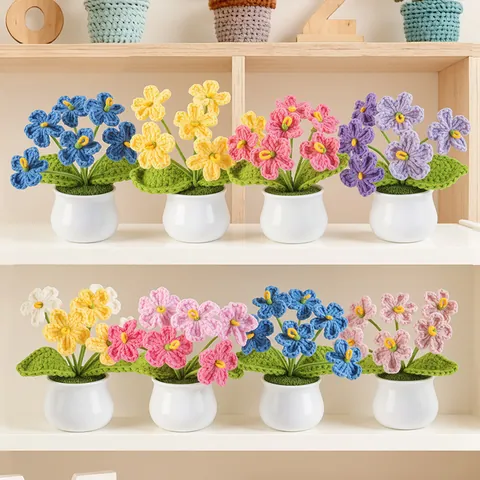 Handmade Crochet Potted Flower Ornament Forget-Me-Not Lily Of The Valley Cotton Yarn Artificial Flowers With Ceramic-Look Pot Home Decor Gift