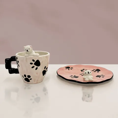 Set di Tazza da Caffè e Piattino in Ceramica con Orso Polare 3D Stile INS Mug in Porcellana Creativa Fatta a Mano