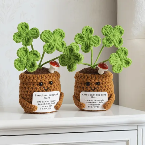 Planta en Maceta de Ganchillo Hecha a Mano Soporte Emocional Decoración Escritorio Oficina Lindo Trébol de Flores de Punto Regalo Mujer