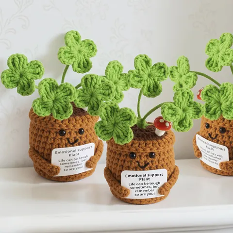 Planta en Maceta de Ganchillo Hecha a Mano Soporte Emocional Decoración Escritorio Oficina Lindo Trébol de Flores de Punto Regalo Mujer