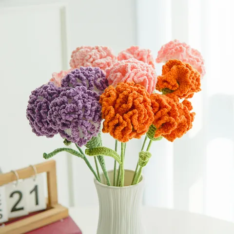 Handmade Knitted Yarn Carnation Flower Bouquet Artificial Simulation Flower For Mother's Day Birthday Gift Home Table Decor