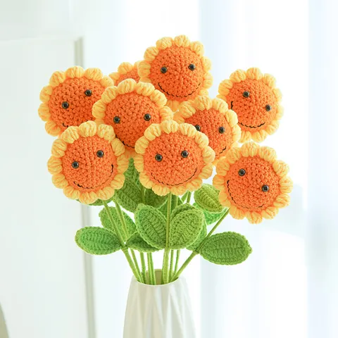Girasole Fatto a Mano all'Uncinetto Con Faccina Sorridente Fiore Artificiale a Maglia Gambo Singolo Arredo Casa Regalo