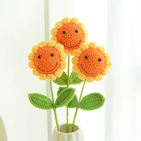 Girasole Fatto a Mano all'Uncinetto Con Faccina Sorridente Fiore Artificiale a Maglia Gambo Singolo Arredo Casa Regalo