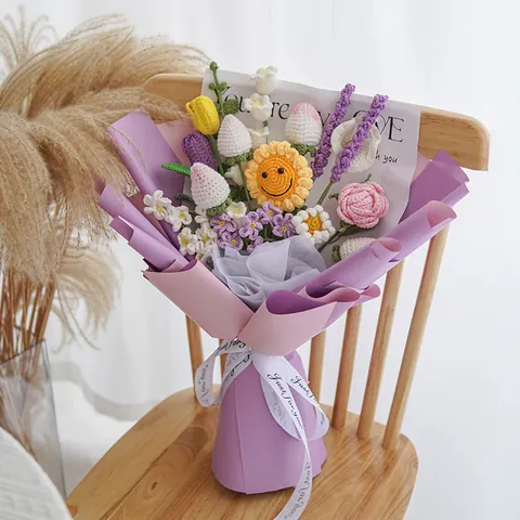 Bouquet de Fleurs en Fil de Crochet Fait Main Tournesol Rose Tulipe Lavande Fleurs Artificielles Tricotées Cadeau Déco Maison