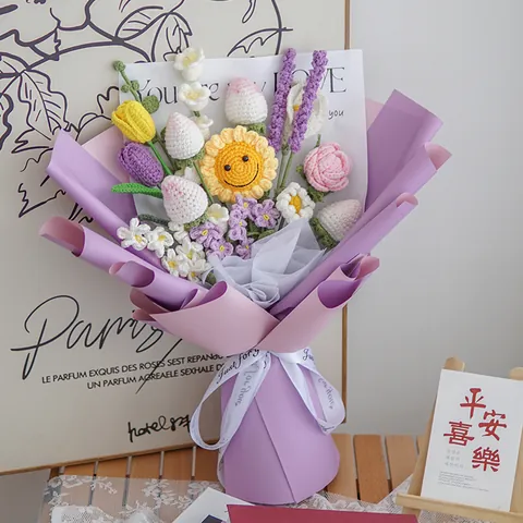 Bouquet de Fleurs en Fil de Crochet Fait Main Tournesol Rose Tulipe Lavande Fleurs Artificielles Tricotées Cadeau Déco Maison