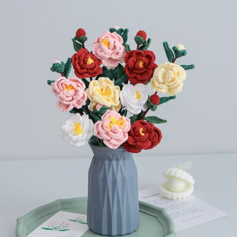 Hand Crocheted Camellia Artificial Flowers Knitted Woolen Yarn Bouquet For Valentine Day Mother Gift Home Table Decoration