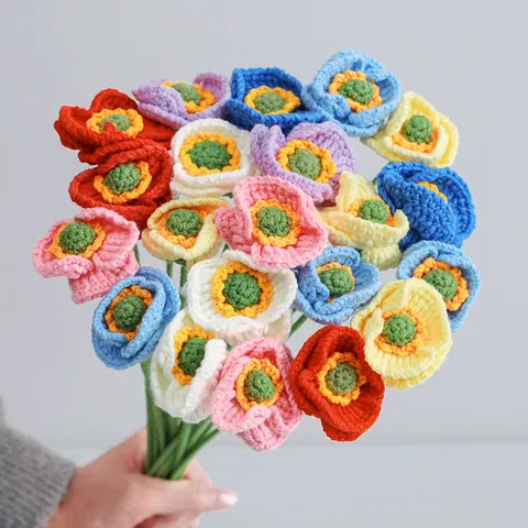 Bouquet de Coquelicots Crochetés à la Main Fleurs Artificielles en Fil Tricoté Pour Décoration de Table Maison Cadeau Femme