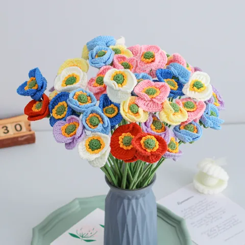 Bouquet de Coquelicots Crochetés à la Main Fleurs Artificielles en Fil Tricoté Pour Décoration de Table Maison Cadeau Femme