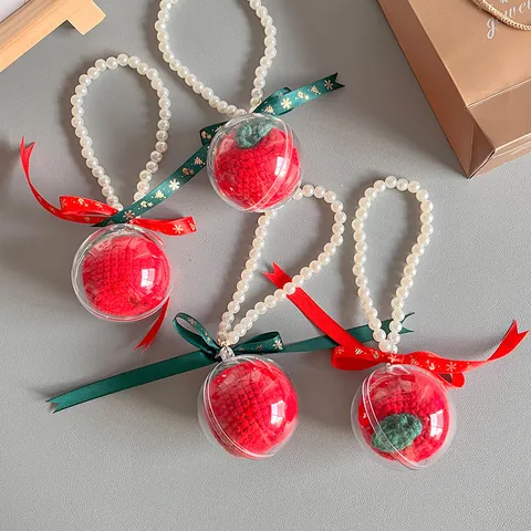 Handgefertigter Gehäkelter Weihnachtsapfel Hängendes Ornament Transparente Kugel Mit Künstliche Perlenimitat-Griff Satin-Schleife Für Weihnachten Dekoration