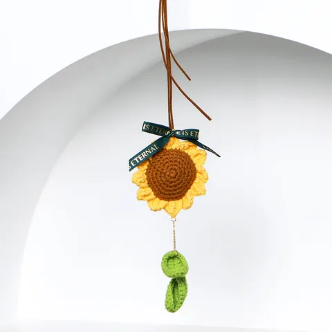 Handgefertigte Gehäkelte Sonnenblume Auto Spiegel Anhänger Mit Schleife Gewebte Blume Tasche Anhänger Schlüsselanhänger Geschenk Für Damen