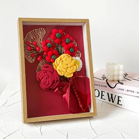 Handmade Crochet Flower 3D Photo Frame Rose Sunflower Wooden Shadow Box Wall Art Home Decor For Birthday Valentine