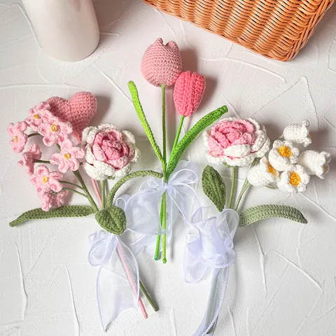 Bouquet de Fleurs au Crochet Fait Main Aimant de Réfrigérateur Rose Tulipe Marguerite Décoration Florale Maison Cadeau