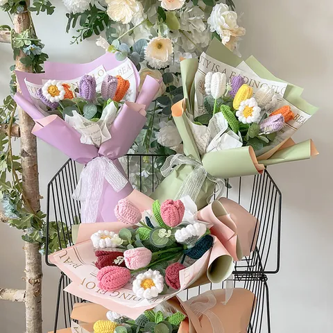 Handmade Crochet Tulip Bouquet With Daisies Yarn Knitted Flowers With Elegant Gift Wrapping For Birthday Valentine Mother's Day Home Decor